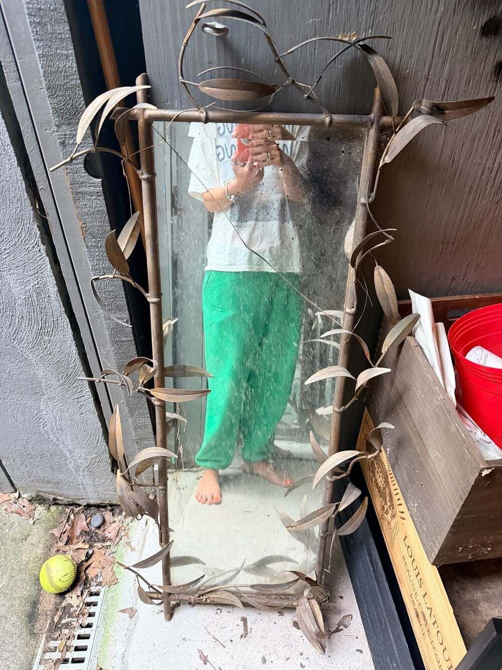Vintage Mid-Century Brutalist Metal Bamboo and Leaf Wall Mirror